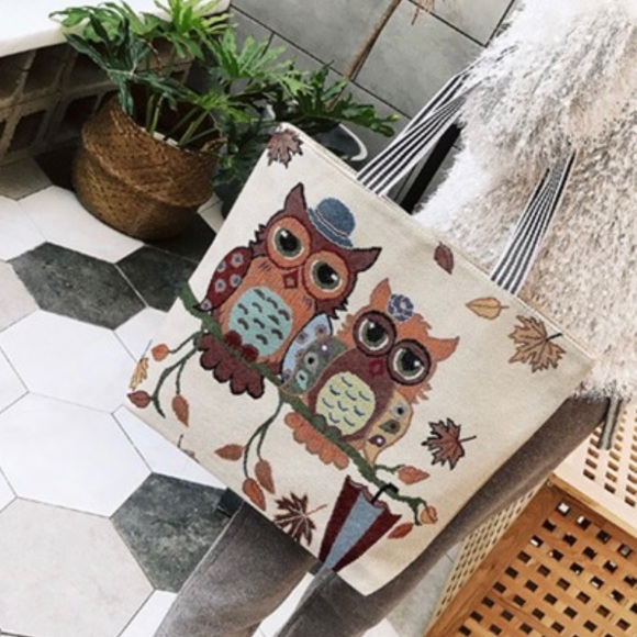 OWLS Whimsical Cloth Tote Bag Zipper Top🦉 - Picture 2 of 2